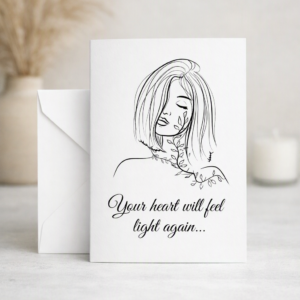 greeting card with the words "your heart will feel light again"