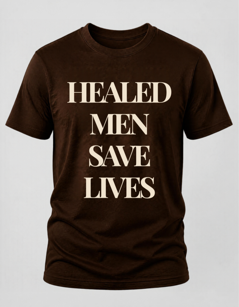 Chocolate brown t-shirt with the text "Healed Men Save Lives."